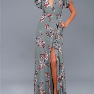 NWT Lulus Fiorire slate blue floral wrap dress